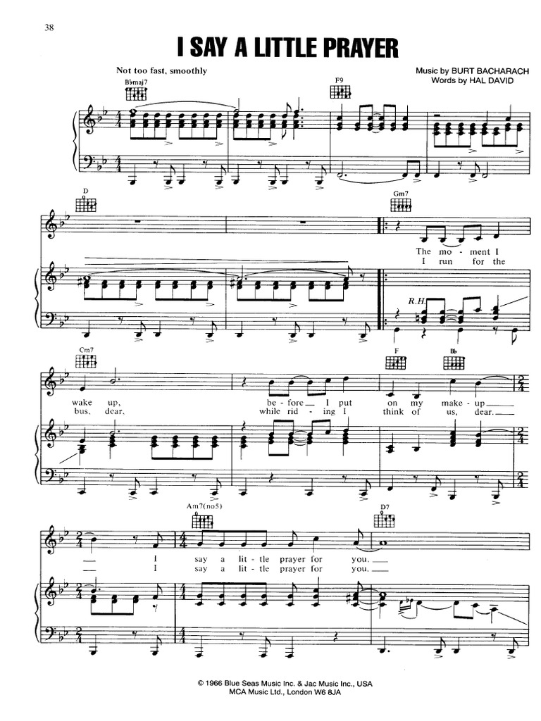 PDF-style image of I Say a Little Prayer by Aretha Franklin for practice and reading