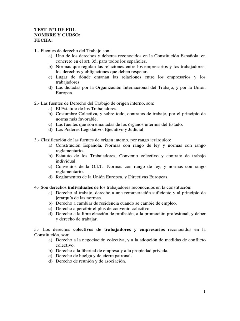 Test de Derecho Laboral y FOL | PDF | Derecho laboral | Salario