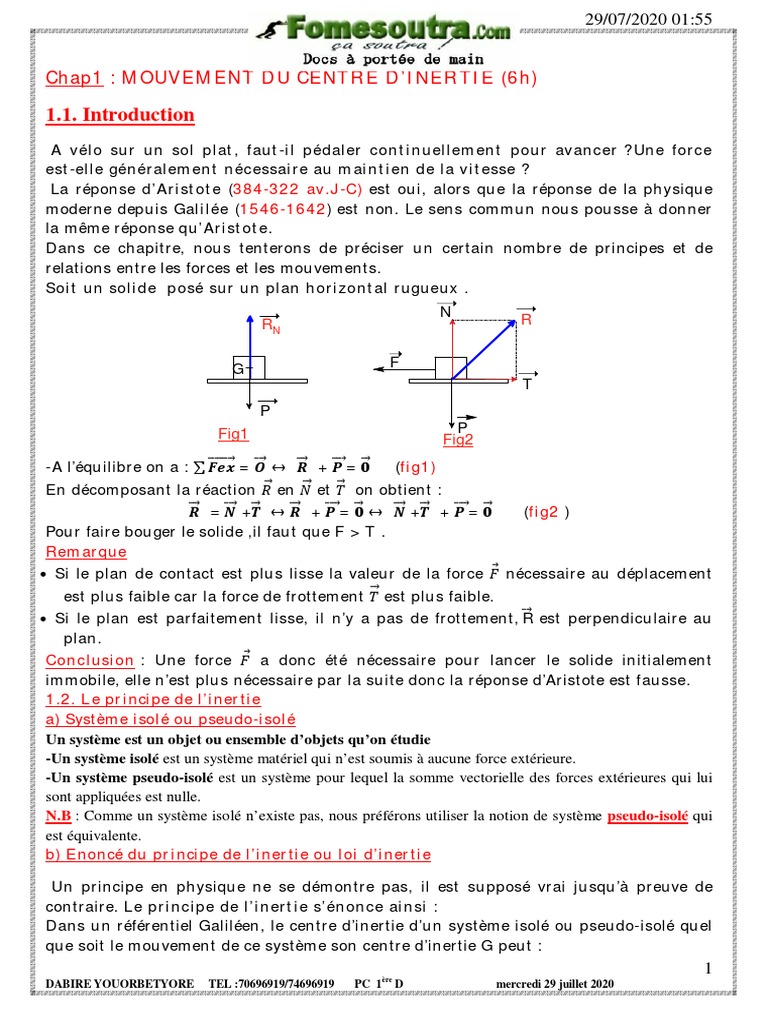 Mouvement du Centre d'Inertie et Inertie | PDF | Centre d'inertie ...