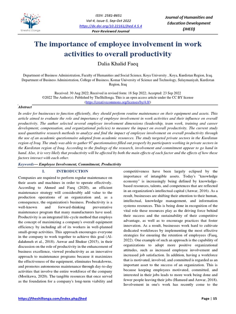 The Importance of Employee Involvement in Work Activities To Overall ...