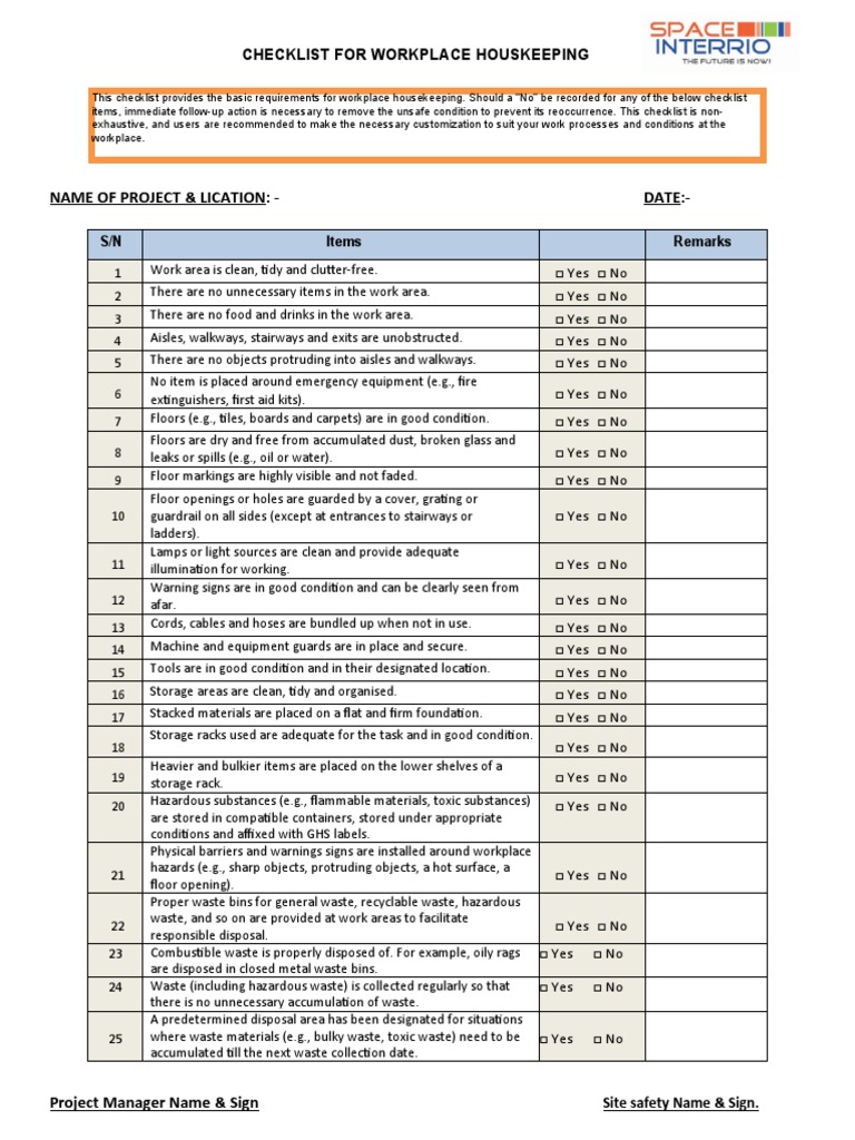 Workplace Housekeeping Checklist PDF Waste Housekeeping