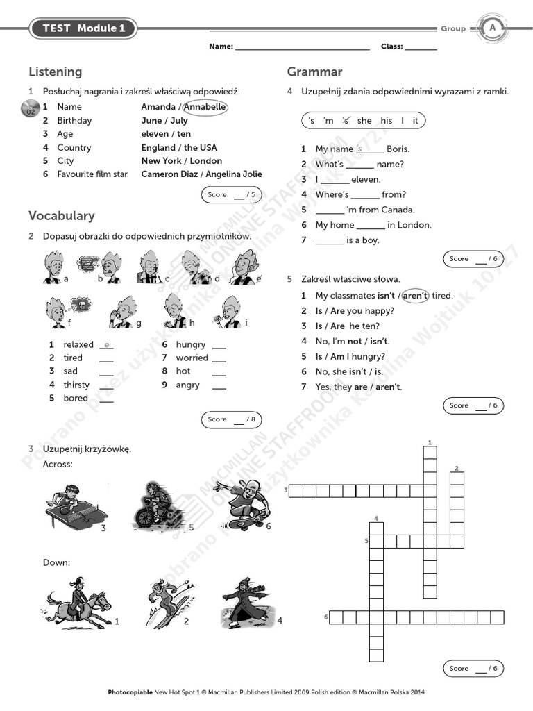 New Hot Spot 1 Module 1 Test A PDF