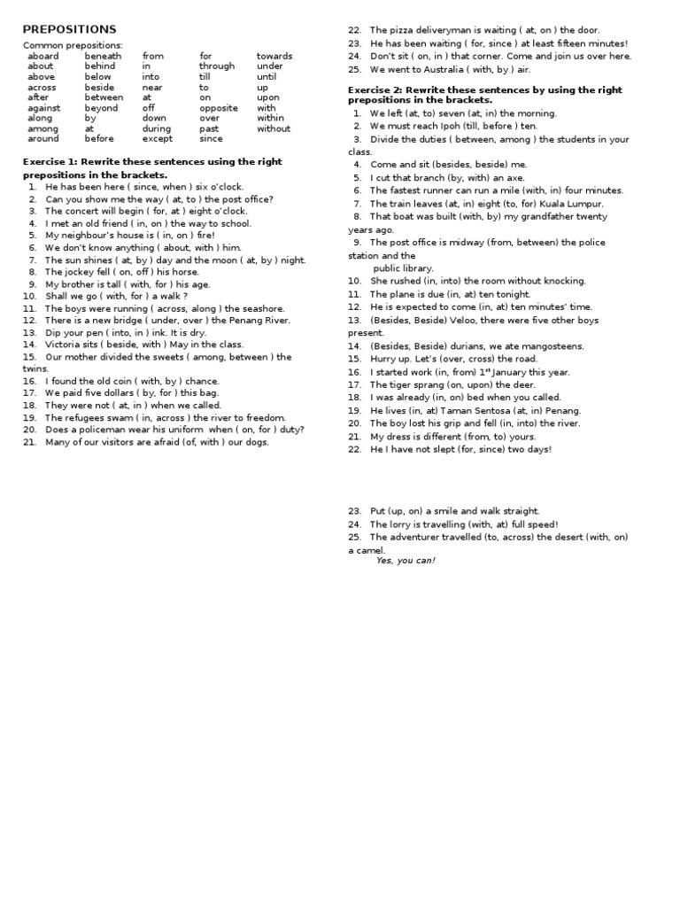 Prepositions Exercises Pdf