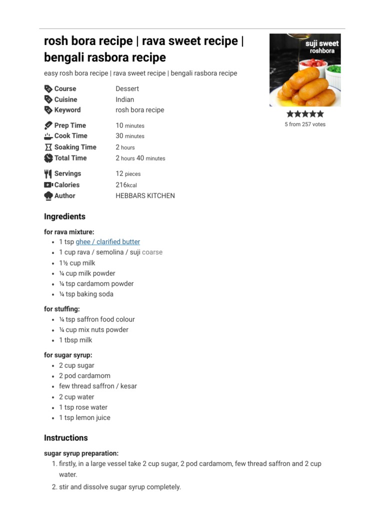 Rosh Bora Recipe - Rava Sweet Recipe - Bengali Rasbora Recipe - Hebbar ...
