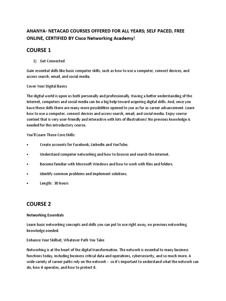 Ananya Cisco Networking Academy Coures List PDF Computer