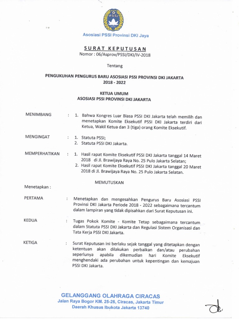 SK 06 Asprov PSSI DKI IV-2018 Pengukuhan Pengurus Baru (ASLI) | PDF