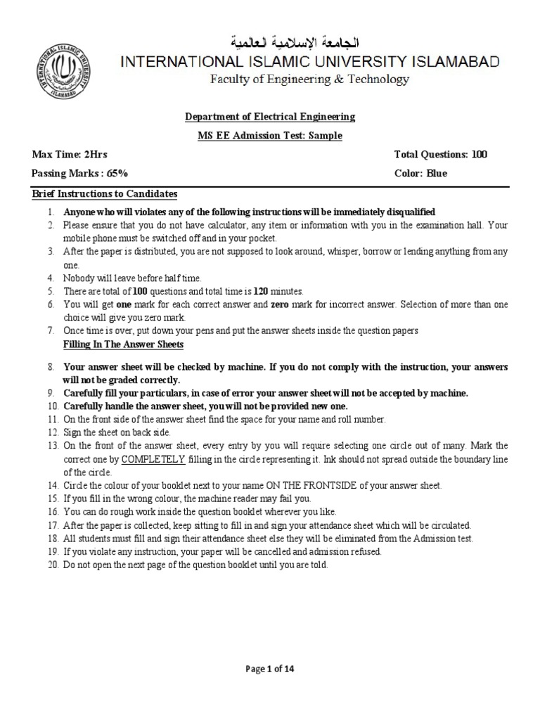 MS EE Admission Test Sample Questions | PDF | Series And Parallel ...