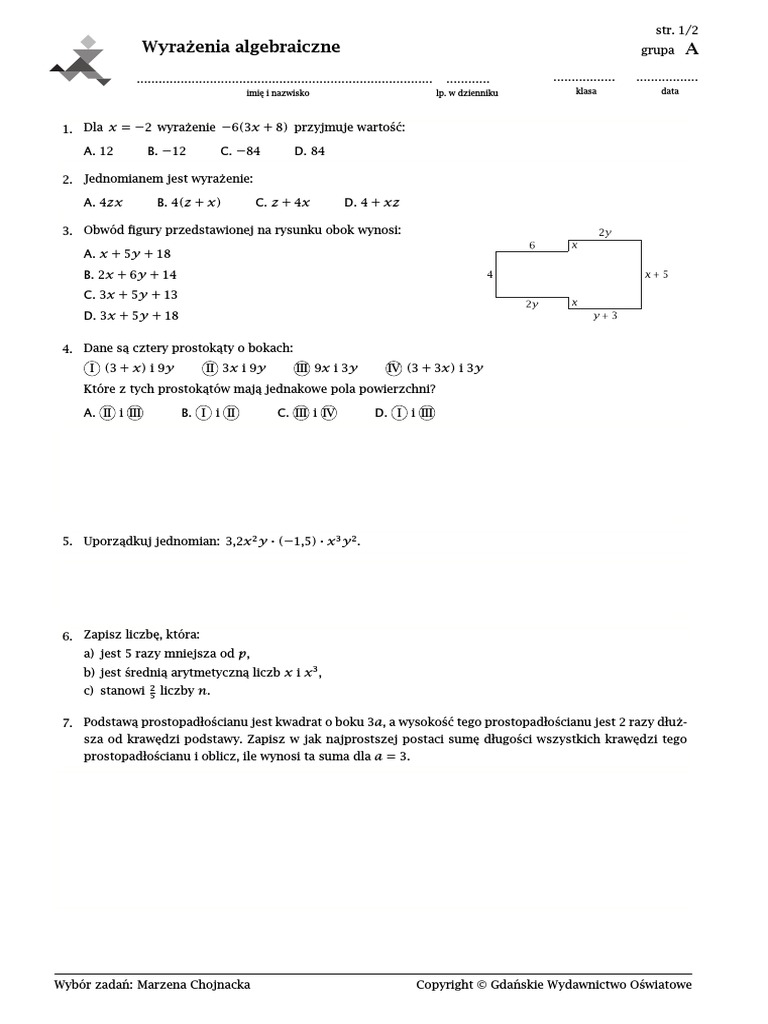 Wyrażenia Algebraiczne Klasa 7 Sprawdzian Pdf Nowa Era Praca Klasowa Klasa 7a WYRAZENIA | PDF