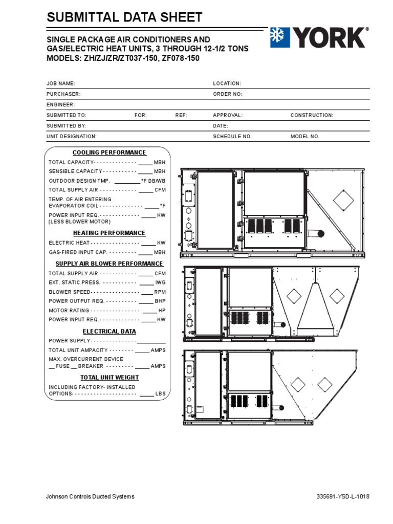 Submittal Data Sheet YORK ZF ZH ZJ ZR ZT Series PREDATOR PDF Duct
