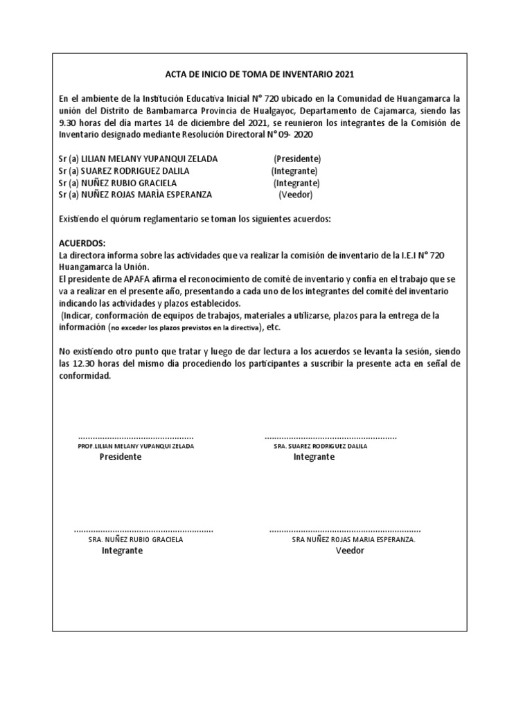 ANEXO 01 - Acta de Inicio de Toma de Inventario | PDF | Hogar ...