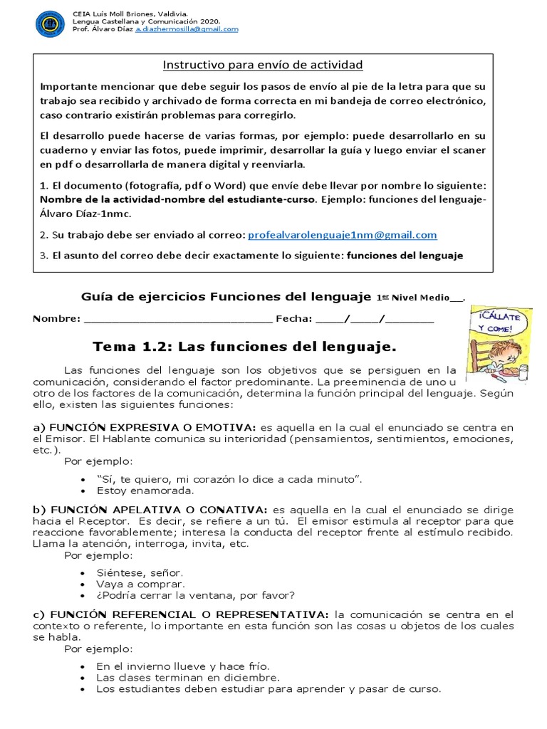 Guía de Ejercicios Funciones Del Lenguaje 1er Nivel Medio | PDF ...