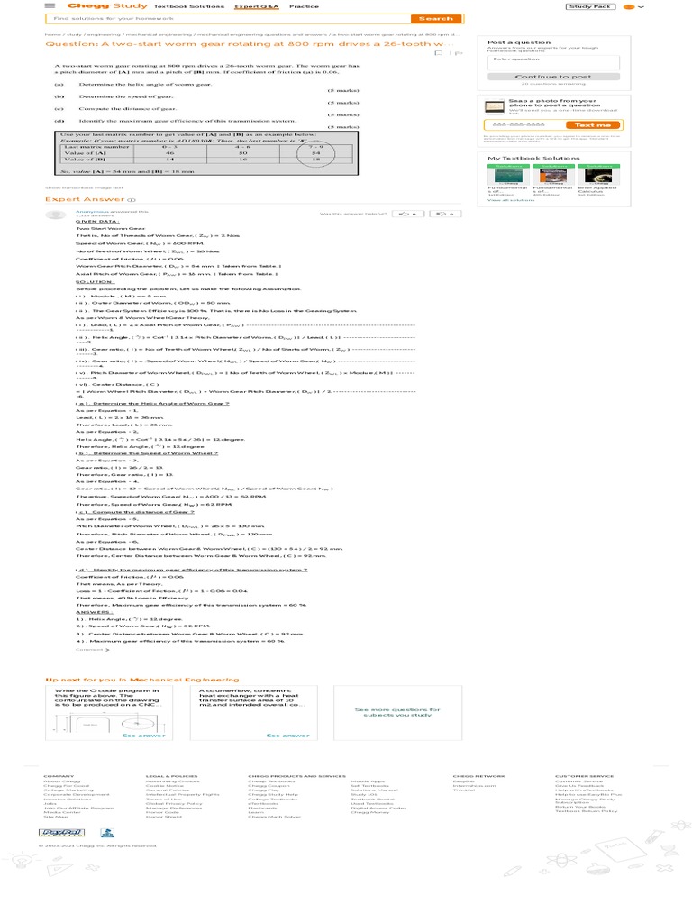 A Two-Start Worm Gear Rotating at 800 RPM Drives A... | PDF | Gear