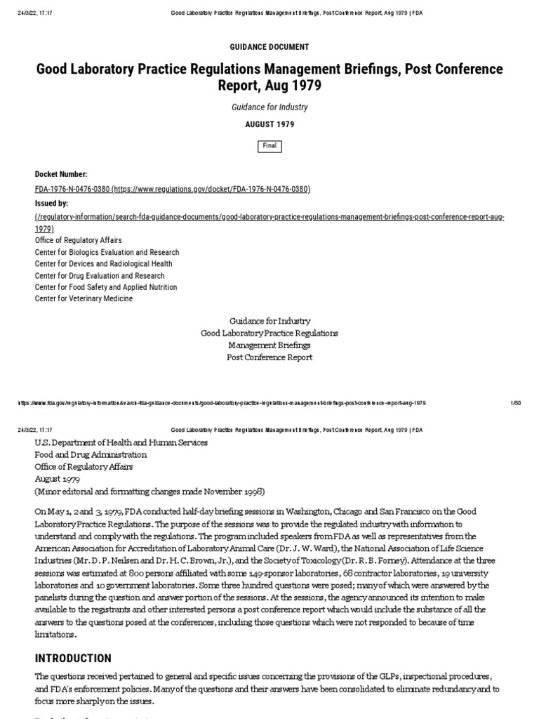 Good Laboratory Practice Regulations Management FDA PDF Food And