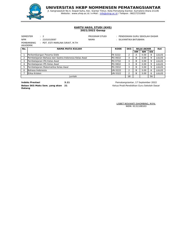 Universitas Hkbp Nommensen Pematangsiantar Kartu Hasil Studi Khs