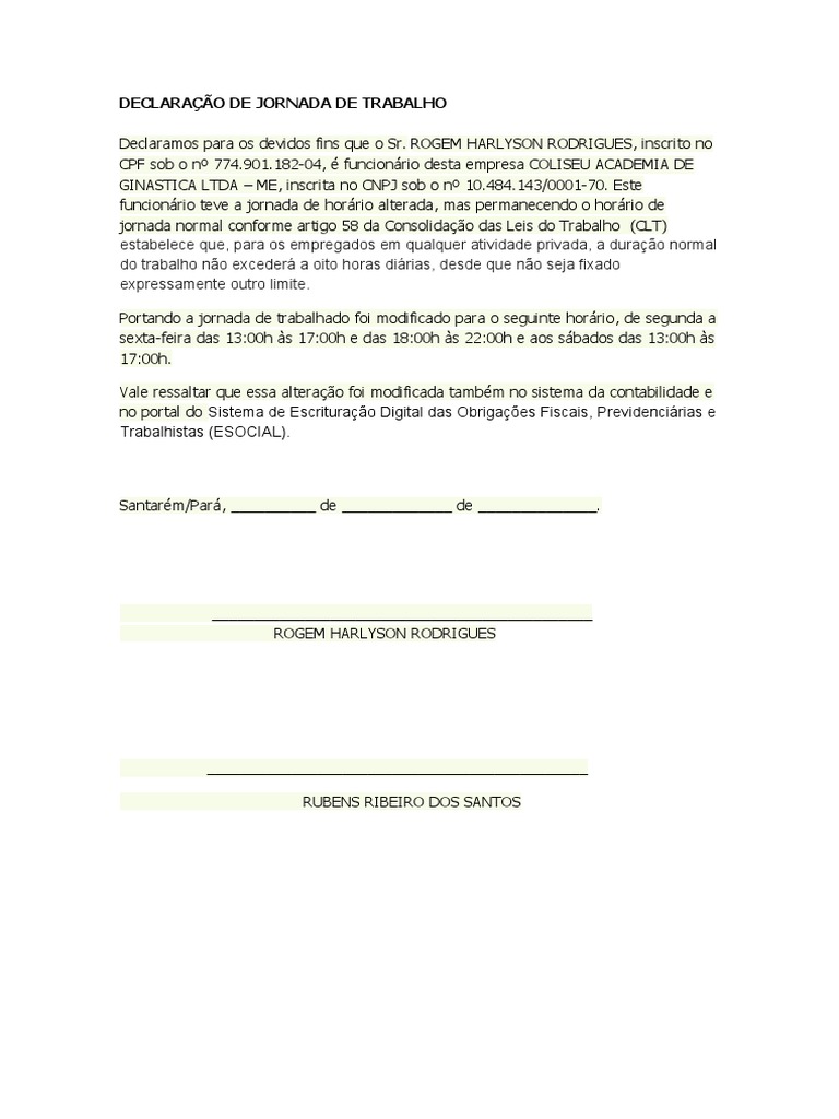 Declaração de Jornada de Trabalho | PDF