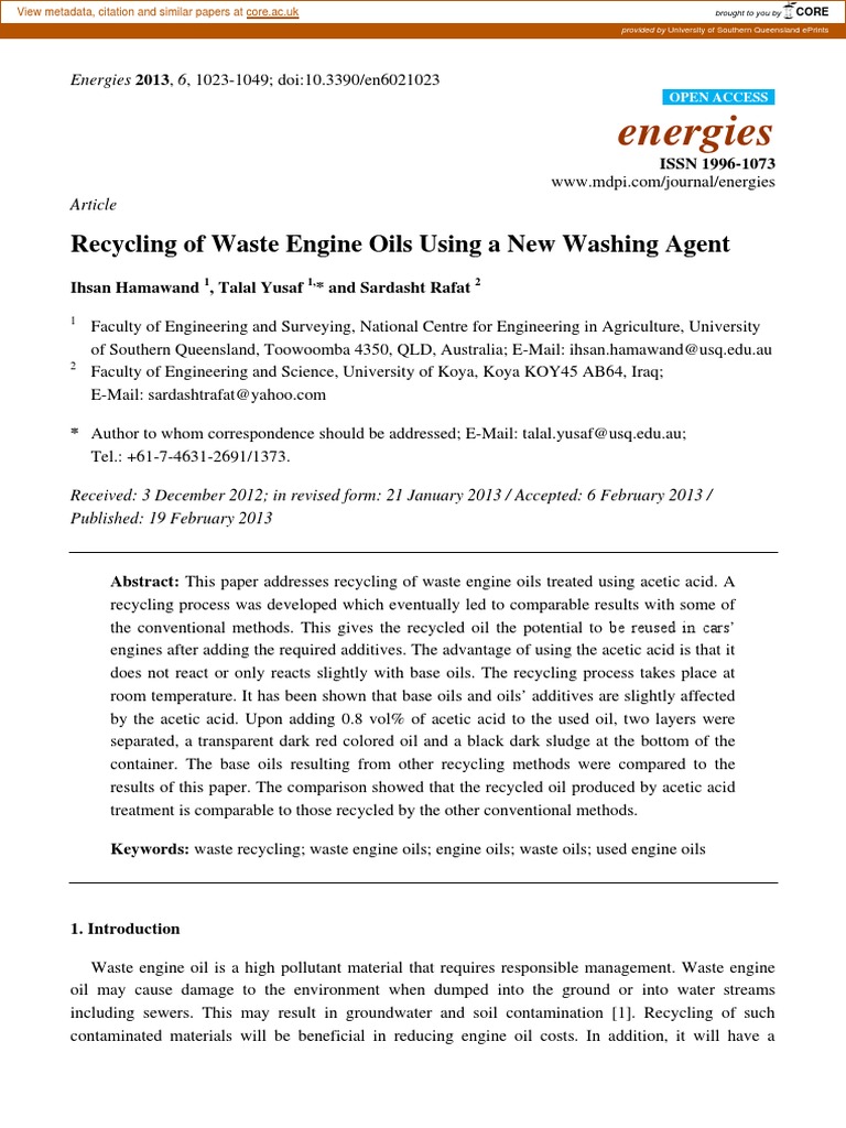 Energies Recycling of Waste Engine Oils Using A New Washing Agent PDF Motor Oil Waste