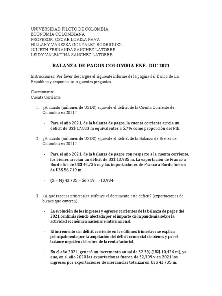 Balanza de Pagos Colombia 2021: Análisis | PDF | Balance de pagos ...