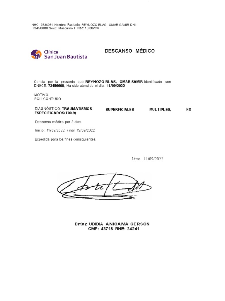 Descanso Médico por Traumatismos | PDF