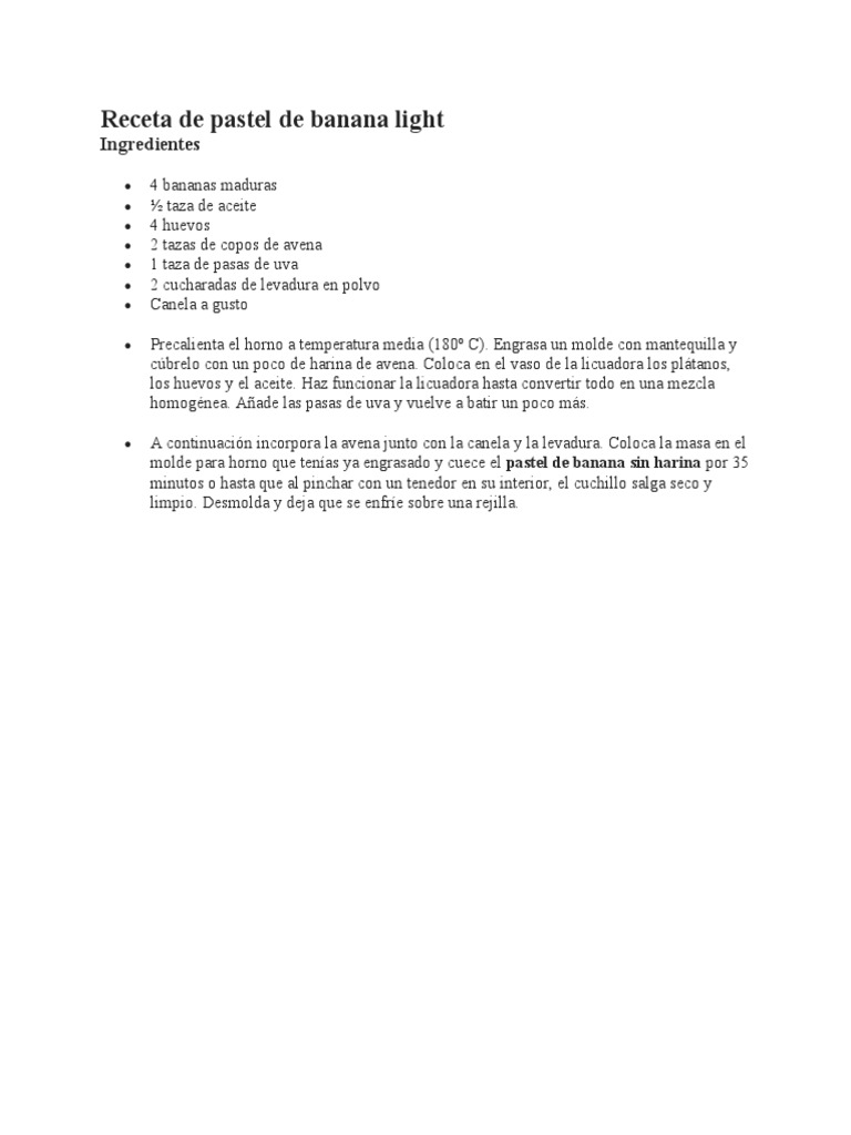 Receta de Pastel de Banana Light PDF