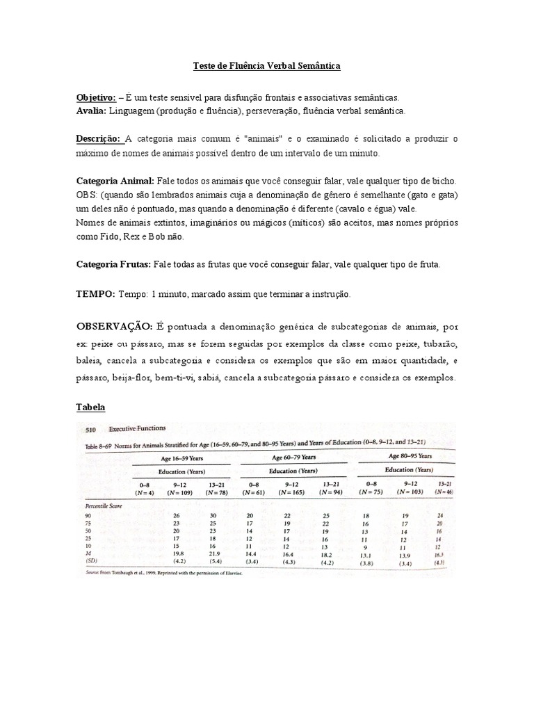 Teste De Flu ncia Verbal Sem ntica PDF