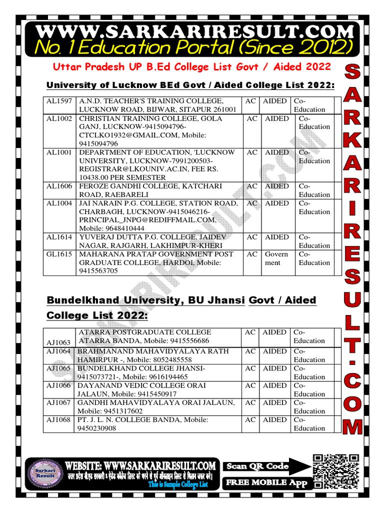 Upbed 2022 Govt Aided College List PDF South Asia