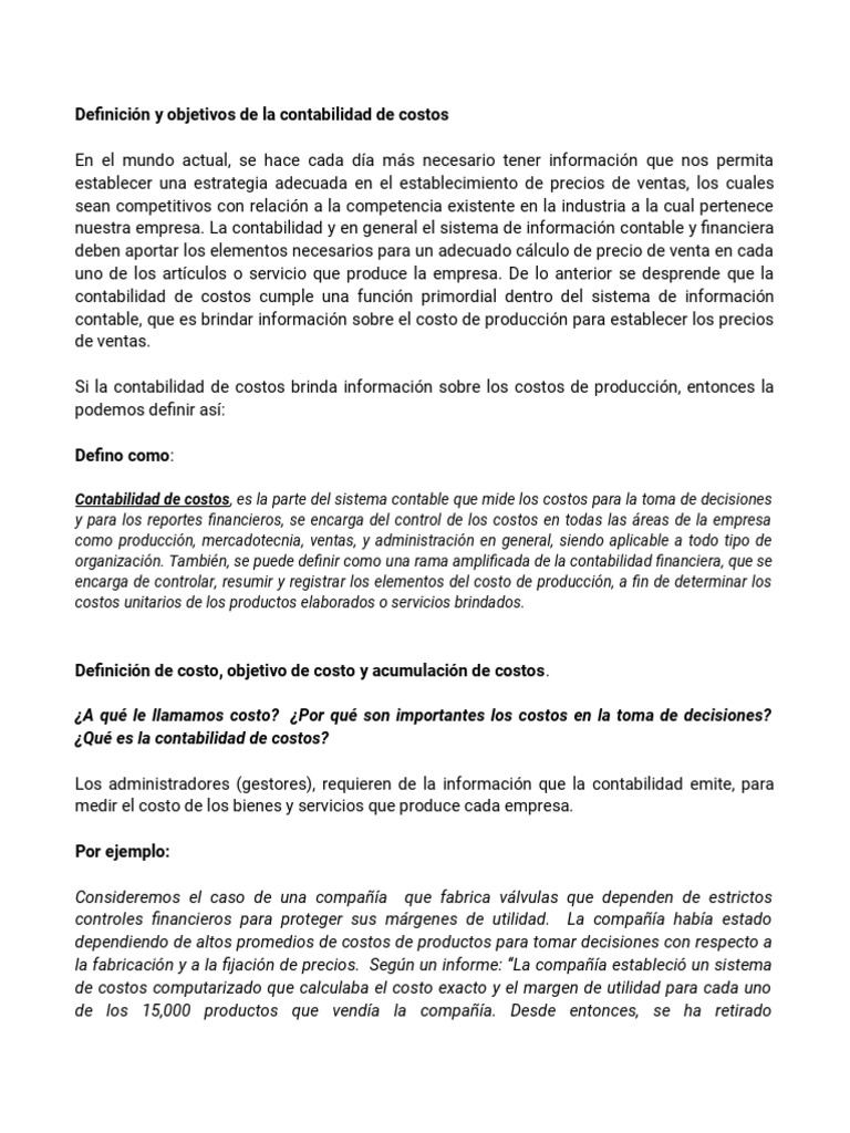 Definición y Objetivos de La Contabilidad de Costos | PDF ...
