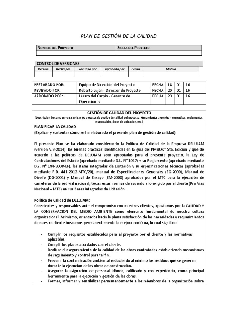 8 Plan de Gestion de La Calidad | PDF | Calidad (comercial) | Sistema ...