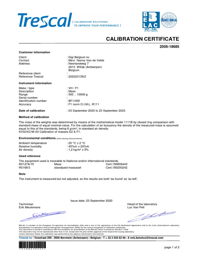 Kalibratiecertificaat Trescal Koffernr BF1005 PDF Calibration