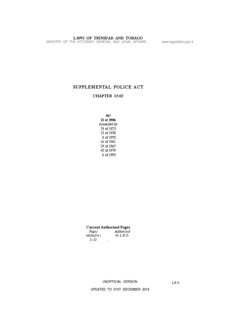 Supplemental Police Act: Laws of Trinidad and Tobago | PDF | Police ...