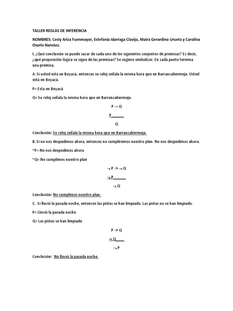 Taller REGLAS DE INFERENCIA | PDF | Matemáticas | Razonamiento deductivo