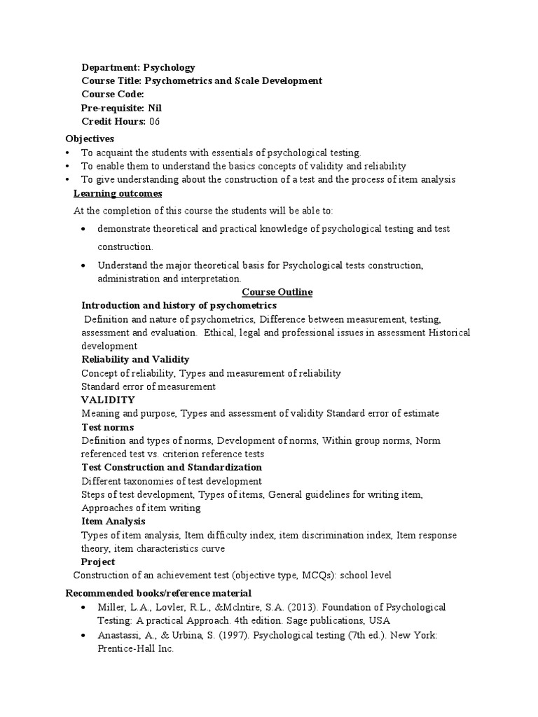 Psychometrics and Test Development Course | PDF | Clinical Psychology ...