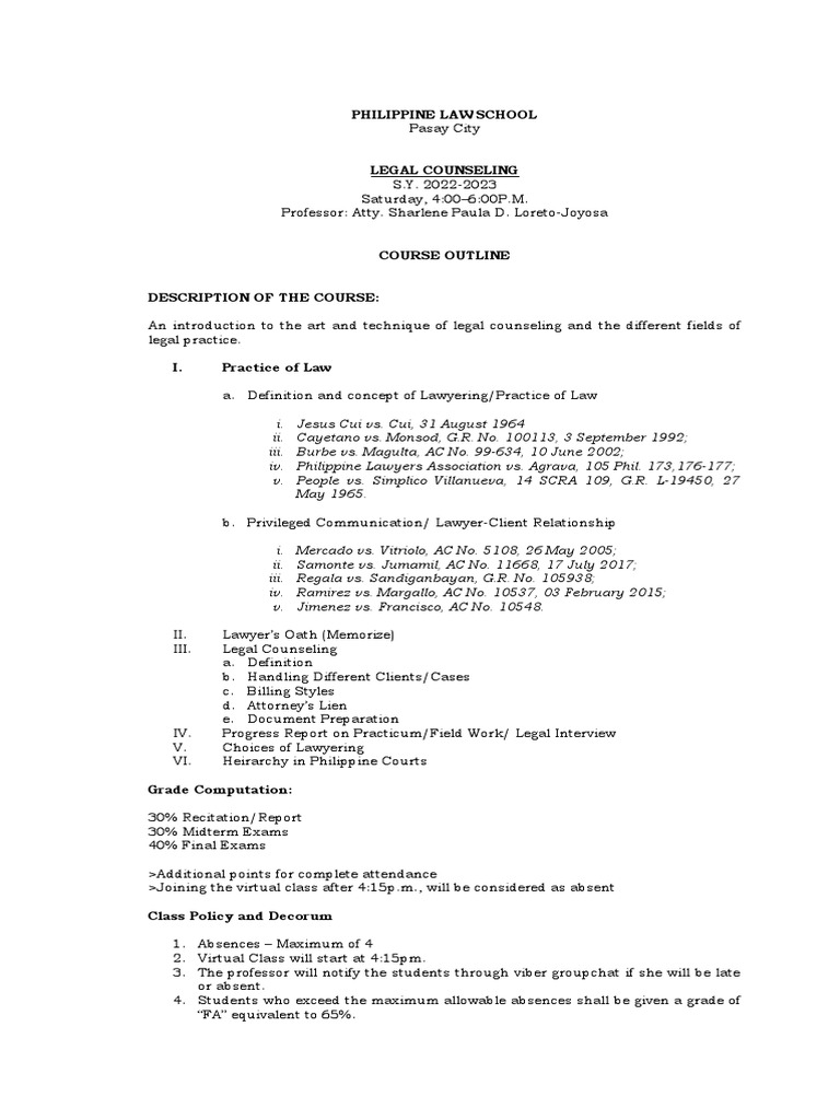 Legal Counseling Course Outline 2022-2023 | PDF | Lawyer | Government
