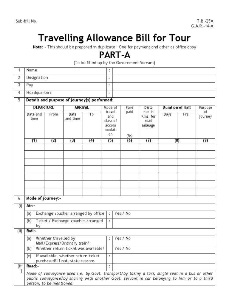 Form Travelling Allowance Bill For Tour TA and DA PDF Public