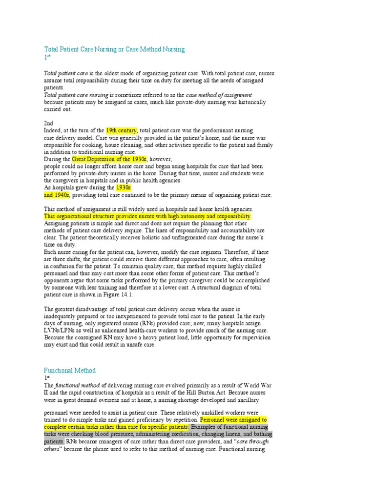 Total Patient Care Nursing or Case Method Nursing PDF Nursing Health Care