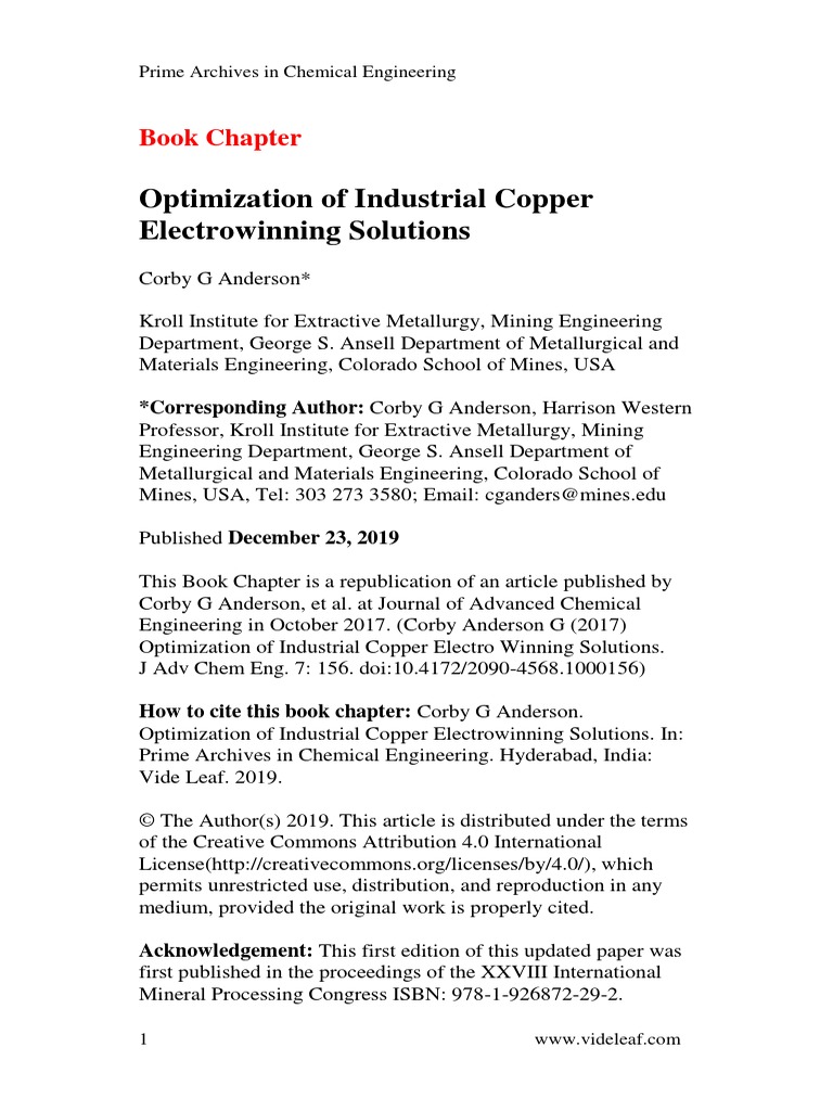 Optimization of Industrial Copper Electrowinning Solutions | PDF ...