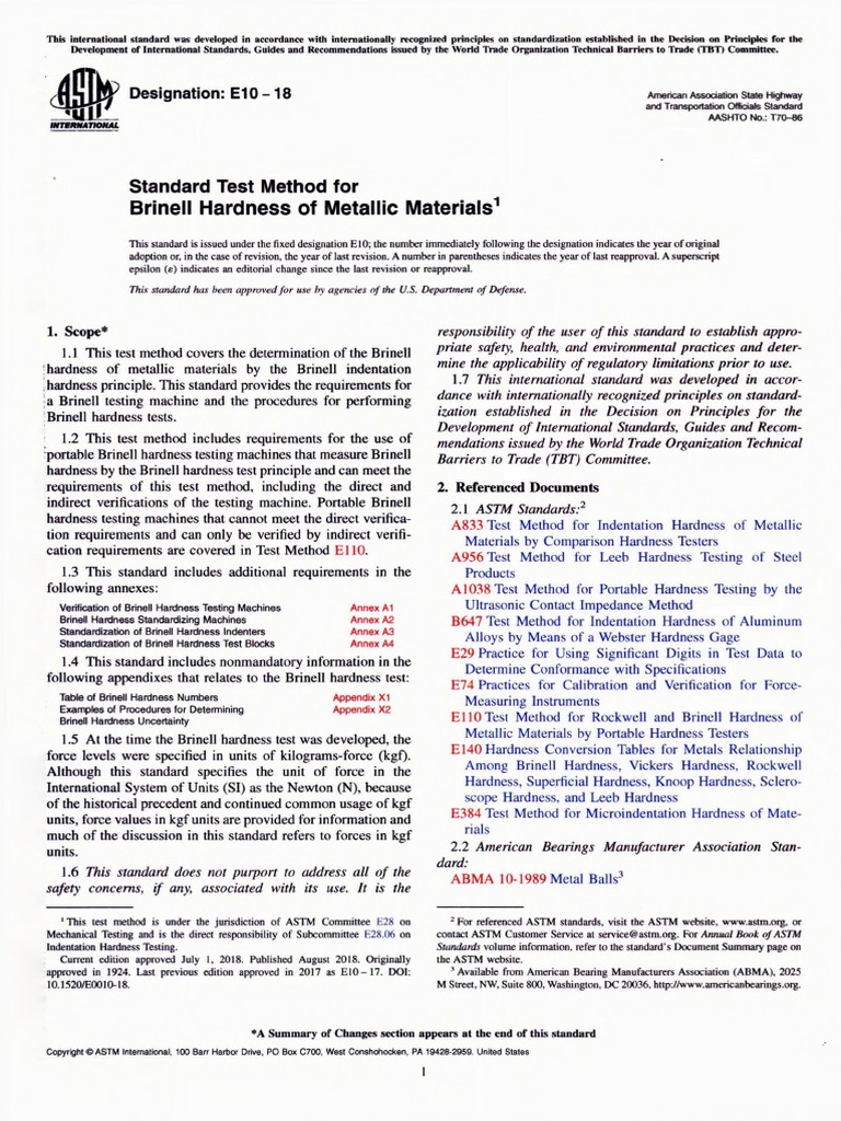 Astm e 1018 Standard Test Method For Brinell Hardness of Met PDF