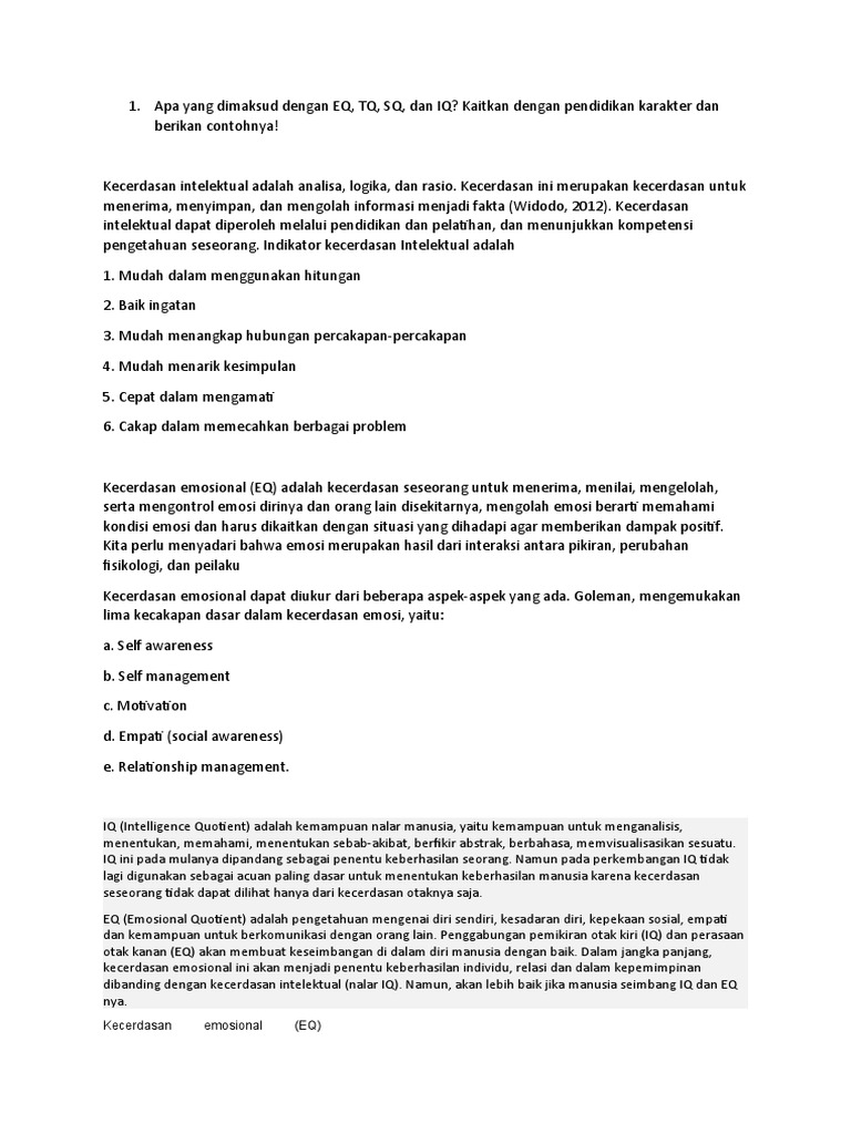 Eq Iq Dan Sq Serta Kaitannya Dengan Pendidikan Karakter Pdf
