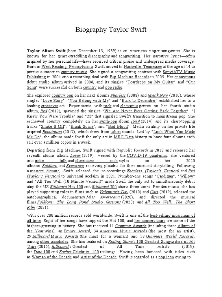 Biography Taylor Swift Ver Right | PDF | Taylor Swift | Music Industry