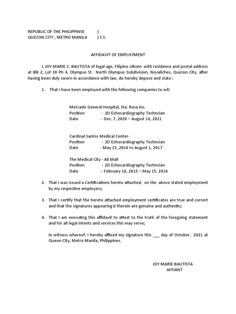 Affidavit of employment PDF