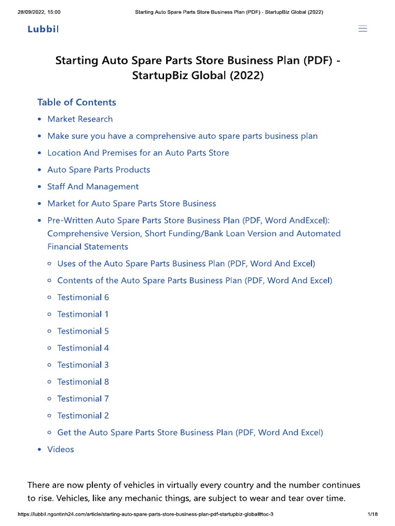 Starting Auto Spare Parts Store Business Plan (PDF) Global