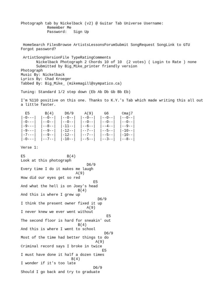 Photograph Tab by Nickelback (v2) at Guitar Tab Universe PDF