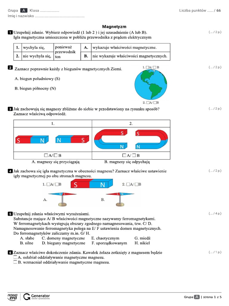 Fizyka Magnetyzm Klasa 8 Test Test Magnetyzm 1 | PDF
