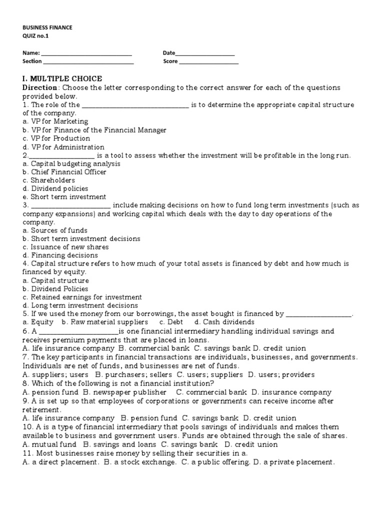 Finance Quiz No.1 PDF Financial Markets Stocks