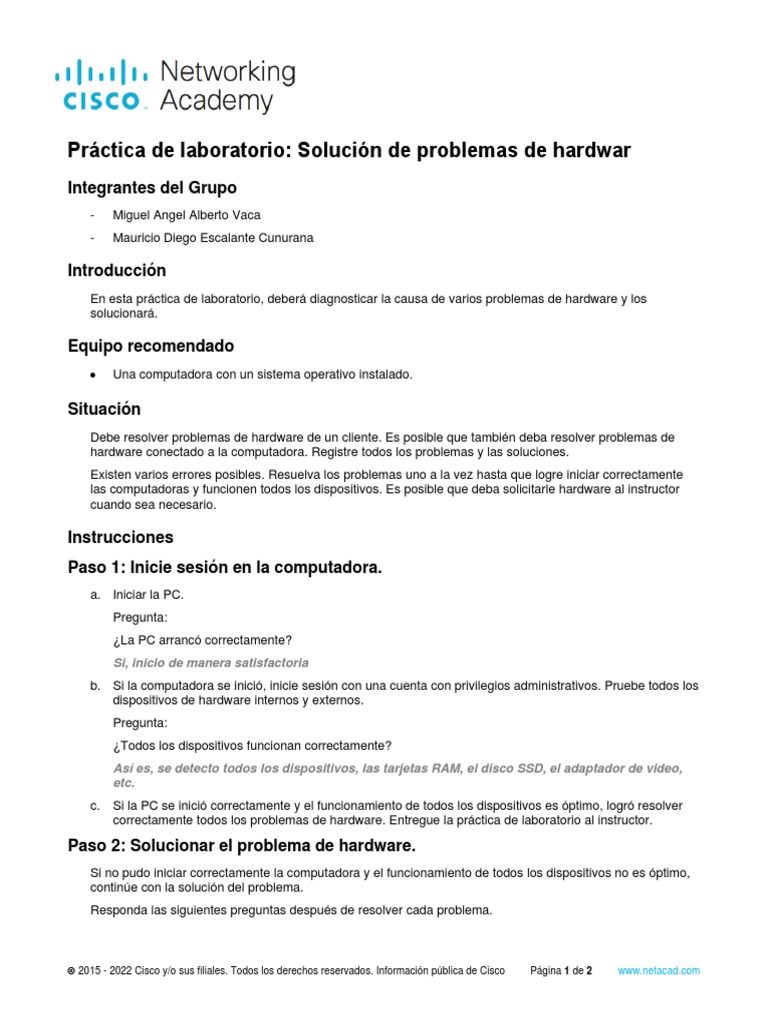 4.2.3.6 Lab Troubleshoot Hardware Problems Complto PDF Hardware