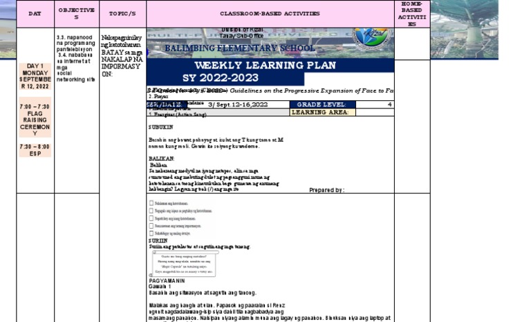 Weekly Learning Plan Grade 4 September 12 - 16 2022 For Print | PDF