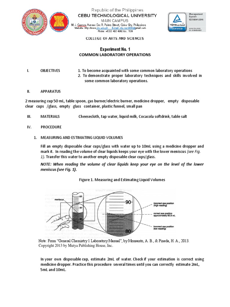Experiment 1 Common Laboratory Operations PDF Filtration