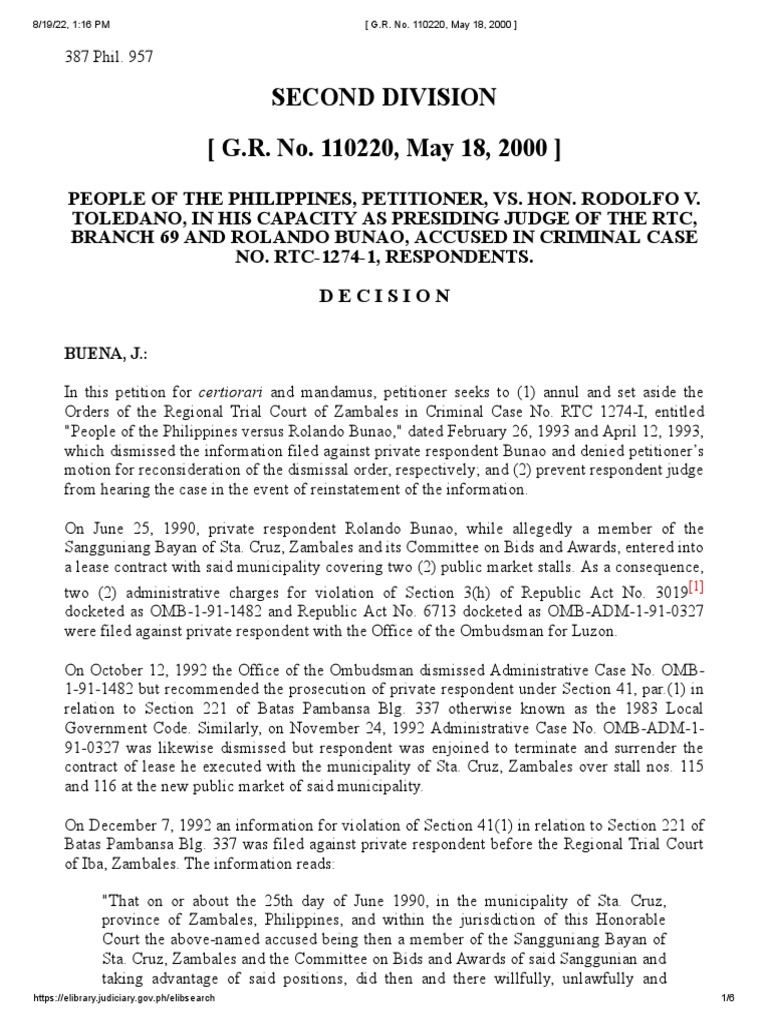 People V Hon. Toledano PDF Statute Of Limitations Fine (Penalty)