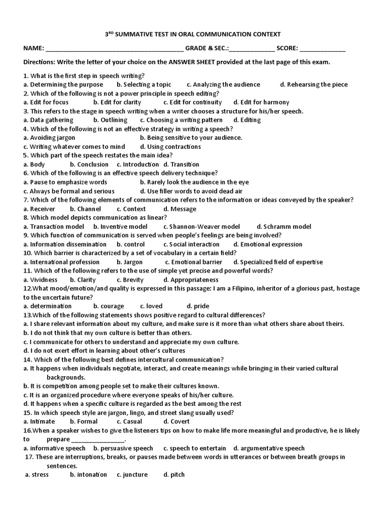 4TH Summative Test in Oral Communication Context PDF Communication