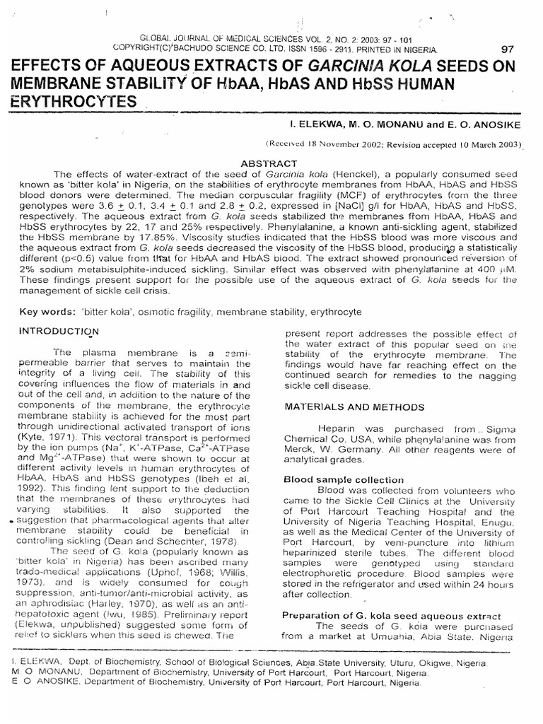 Ffects of aqueous extracts of garcinia kola seeds on membrane stability