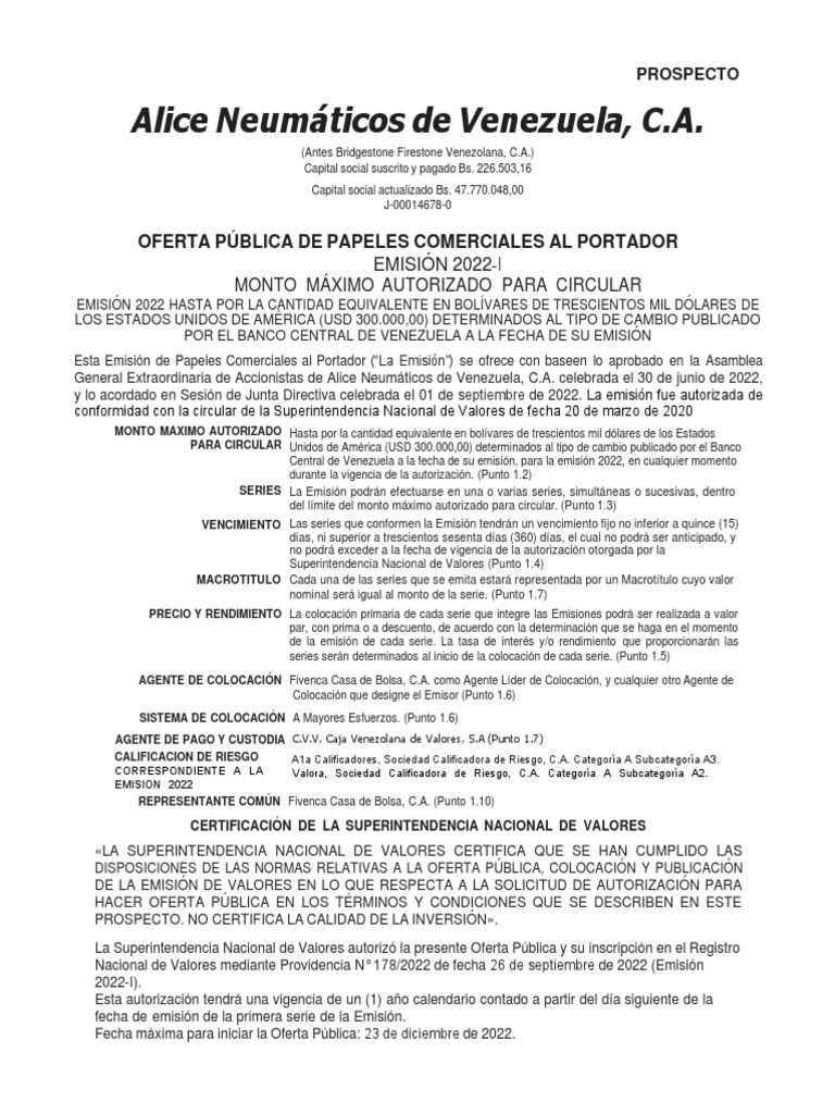 Prospecto Emision 2022-I Alice Neumaticos de Venezuela | PDF | Venezuela |  Economias